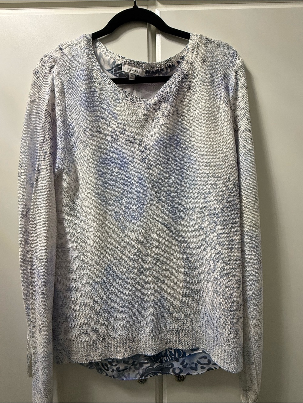 Sioni XL Light Blue Patterned Scoop-Neck Women's Sweater with Layered Hem